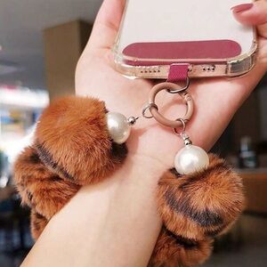 Elegant Brown Faux Fur Pom Pom Keychain for phone !